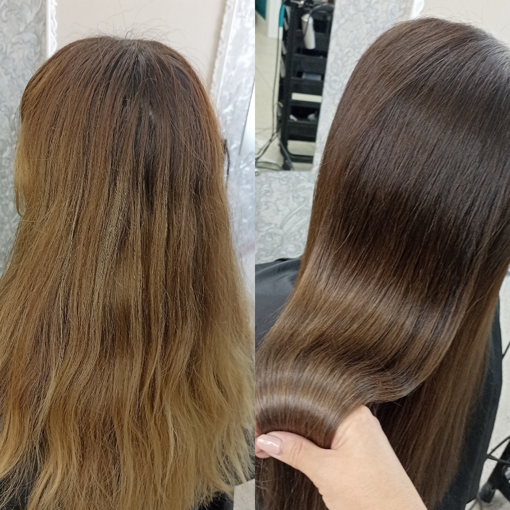 Окрашивание в 1 тон или тонирование длинных волос.