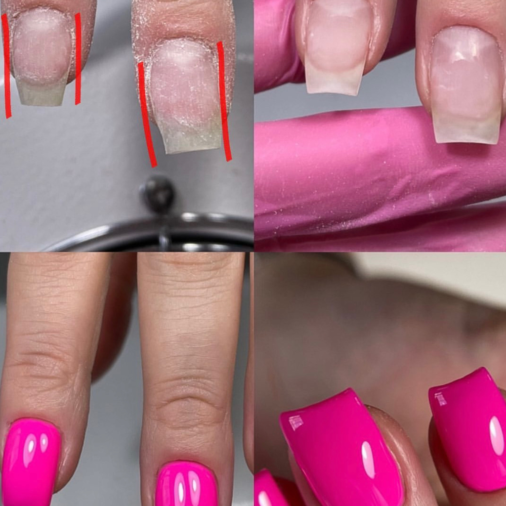 Исправление архитектуры на очень длинных ногтях, отднотонное покрытие с укреплением