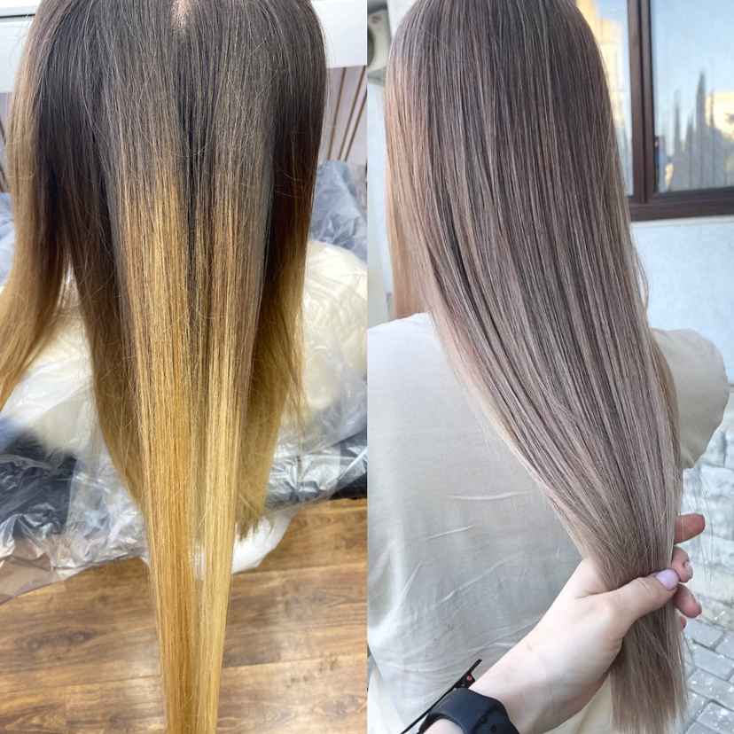 Сложные исправления на блонде (пятна, полосы)